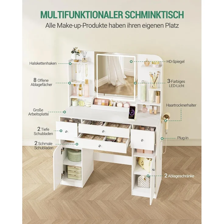 Schminktisch mit LED-Beleuchtung, mit Stecker und Föhnhalter, große Tischplatte 108 cm, Schminktisch mit 2 großen Schubladen mit Schmuckablage, 2 Schränke, 40 x 108 x 145 cm, Weiß – Bild 3