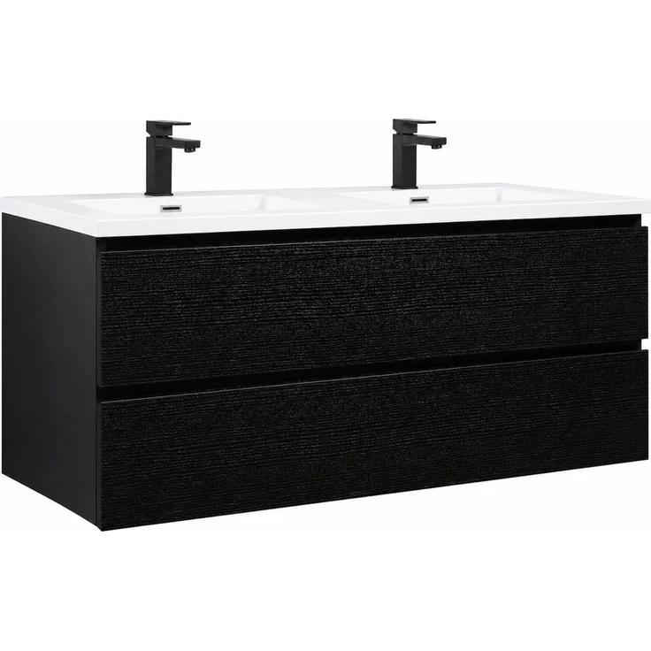 Badplaats Badmöbel Set mit Waschbecken und Unterschrank Angela 120 x 48 cm Schwarz Holz - Waschbeckenunterschrank mit Soft-Close und Doppelwaschbecken, Vorgemontiert – Bild 1