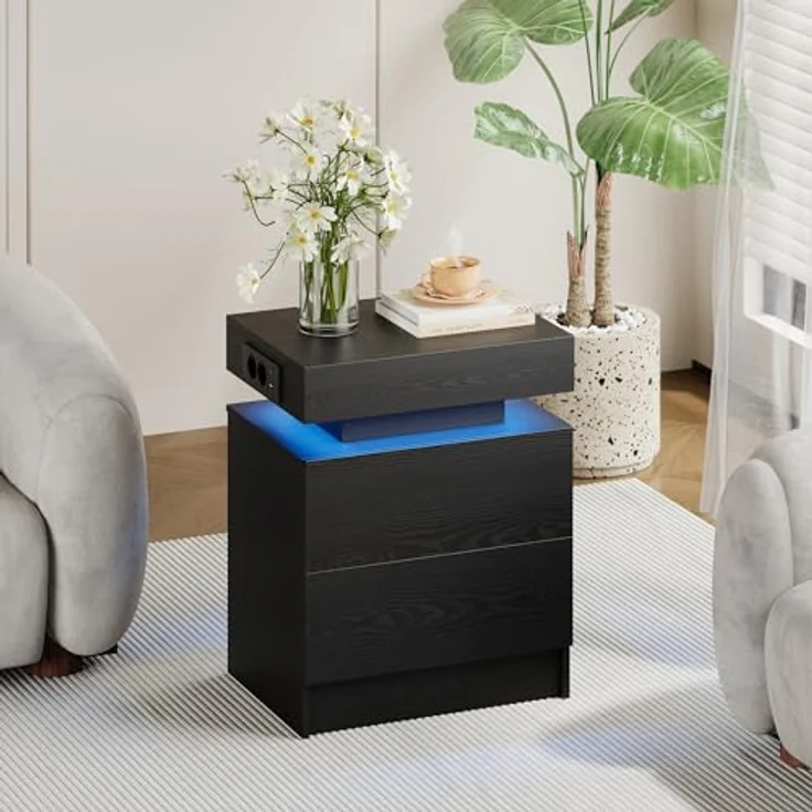 IRONCK Nachttisch Schwarz mit LED-Licht & Ladefunktion, Beistelltisch mit USB+Typ-C Anschlussen, Nachtschrank mit 2 Schubladen, Sofatisch für Schlafzimmer, Wohnzimmer, 35 x 48 x 60 cm – Bild 8
