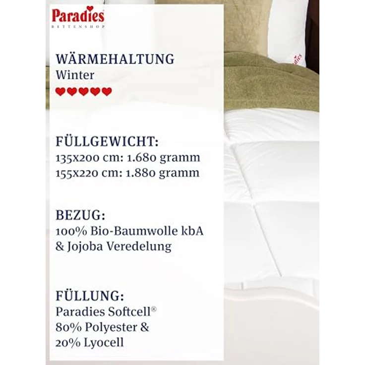 Paradies Kunstfaserbettdecke Avera Bio, Füllung: 80% Polyester, 20% Lyocell, Bezug: 100% Baumwolle kbA, atmungsaktive, wärmende Lyocell Winterdecke – Bild 5