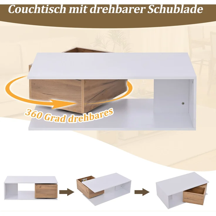 Couchtisch, MDF mit 1 Schublade & 360° Drehfunktion, 90x50x30 cm, Weiß + Holzfarbe – Bild 6