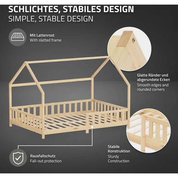 ML-DESIGN Spielbett Hausbett Kinderbett inkl. Lattenrost kreativ Bodenbett für Kinder, Abenteuerbett zum Spielen mit Rausfallschutz Kiefer Natur Himmelbett – Bild 3