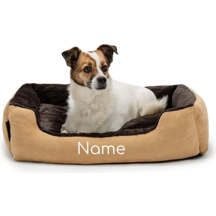 lionto Hundebett mit Wendekissen und Rutschfester Unterseite, Heimtierkissen mit tiefem Einstieg für Hunde und Katzen jeden Alters, 60x48 cm, kuscheliges Hundekissen, beige/braun (Namensaufdruck)