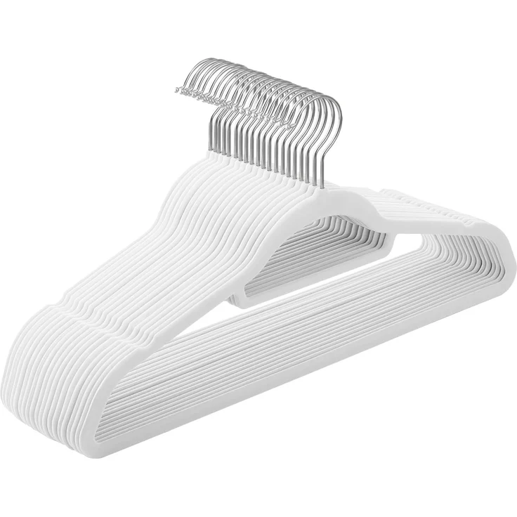 SONGMICS Kleiderbügel Samt, 20er Set, Bügel, rutschfest, kleine Stange für Krawatten, 360° drehbarer Haken, 0,6 cm dick, platzsparend, 43,5 cm breit, für Mäntel, Hosen, Silber-Weiß CRF020W01 – Bild 1