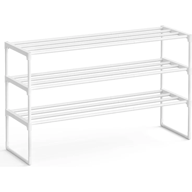 SONGMICS Schuhregal 3 Ebenen, Schuhständer Metall, Schuhaufbewahrung, Schuh-Organizer, aufrecht oder umgedreht, für 16-20 Paar Schuhe, stapelbar, Flur, 30 x 92 x 55 cm, perlweiß LSA303W03 – Bild 1