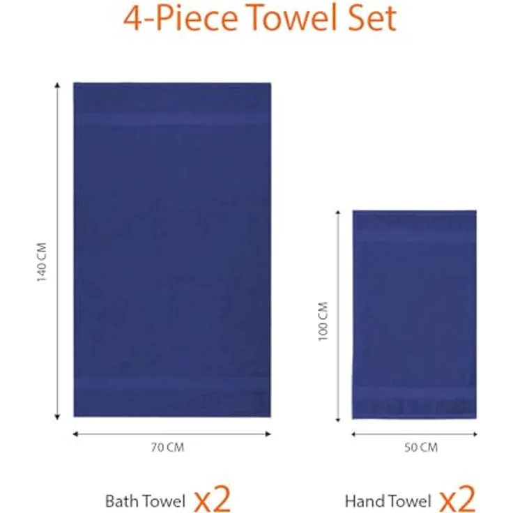 Amazon Basics Handtücher Set 4-teilig, 100% Baumwolle, weich und ausbleichbeständig, 2 Badetücher (140 x 70 cm) + 2 Handtücher (50 x 100 cm), Königsblau – Bild 3
