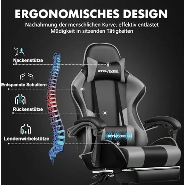 GTPLAYER Gaming Stuhl, Bürostuhl, Ergonomischer Pc Stuhl, Gaming Sessel mit Massagelendenwirbelstütze, Task Stühle mit Fußstütze und Kopfstütze, Grau Kunstleder – Bild 7