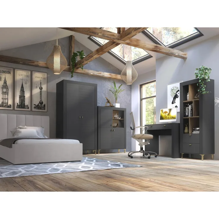 Jugendzimmer-Set Mossa II (Farbe: Schwarz / Schwarz + Eiche Whisky + Cloud 82)
