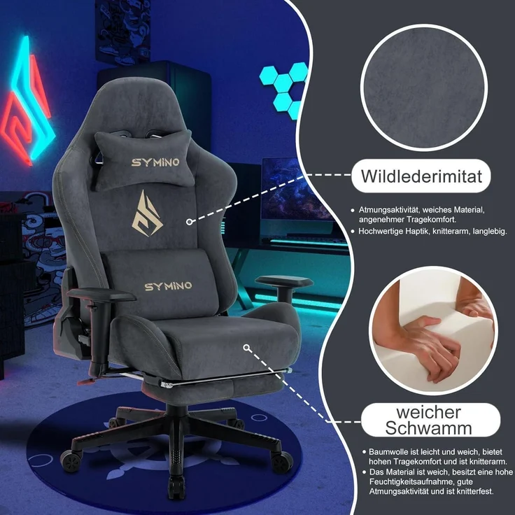 Symino Gaming Stuhl Bürostuhl Hochwertiger Stoff Ergonomisch Verstellbar Grau – Bild 3