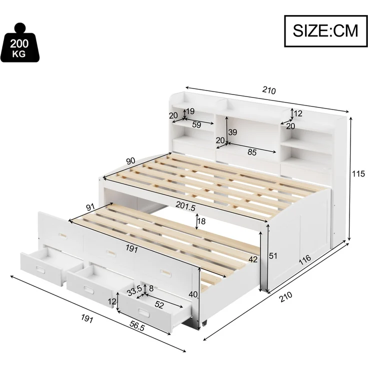 Schlafsofa, Daybett, Tagesbett, 90 x 200cm, Mit LED-Leuchten, 3 schubladen, Nachttischablage, Multifunktionales ausziehbares bett mit usb+type-c, Ohne matratze, Weiß – Bild 10