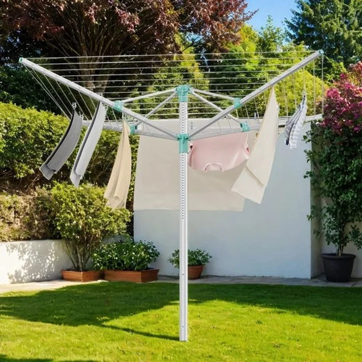 SONGMICS Wäschespinne, höhenverstellbarer, 50 m Wäscheleine, für 5 Waschladungen, draußen, silbern-grün – Bild 3