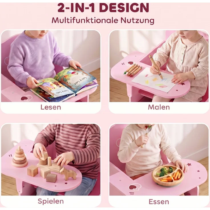 MELAYR, Kindertisch mit Stuhl 2-in-1 Integrierte Kindersitzgruppe mit Stauraum Platzsparend für, 58.5 x 51 x 59 cm, Rosa – Bild 6