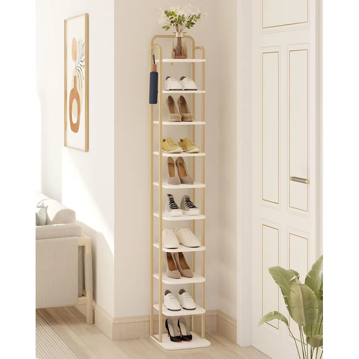 Vertikales Schuhregal, 10-stöckige Schuhregale, Schuhturm für Kleine Räume, Freistehend, Verstellbar, Platzsparend, Weiß Gold – Bild 1