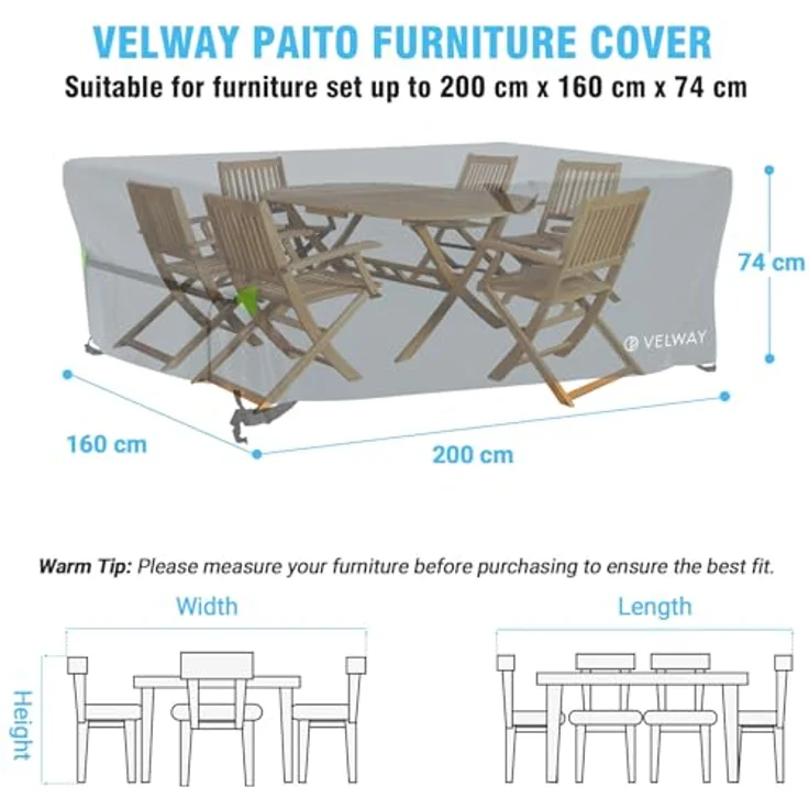 Velway Abdeckung Gartenmöbel Wasserdicht 200 x 160 x 74 cm - Rechteckig Schutzhülle Winddicht Loungemöbel Abdeckung Abdeckhauben für Gartentische Sitzgruppe Terrassenmöbel - Grau – Bild 7