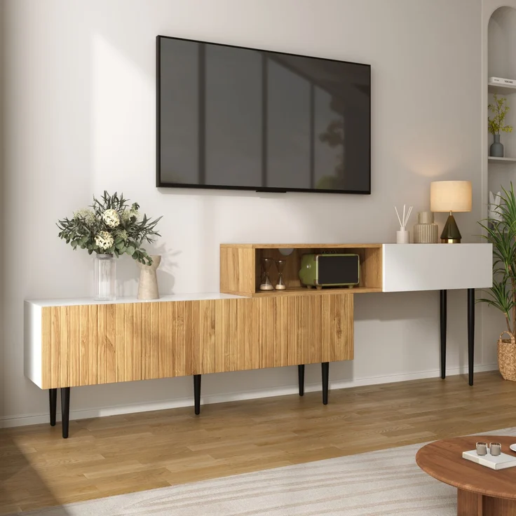 Merax TV-Schrank mit verstellbarer Länge, Modulares 2-teiliges Design, Holzoptik + Weiß matt, Schwarze Metallbeine – Bild 2