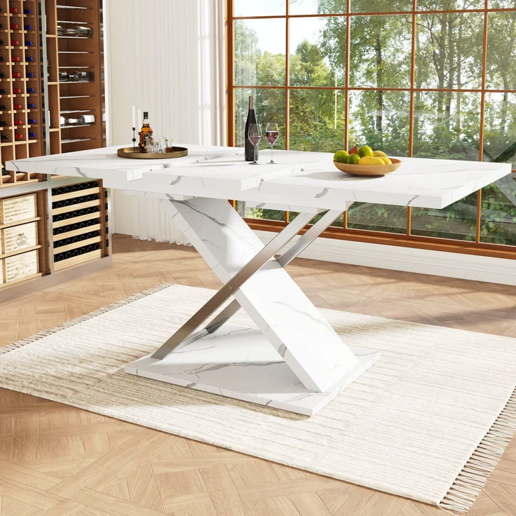 Teleskop-Esstisch 118–157 cm mit Marmormuster MDF-Platte, robustes Kreuzbein-Design, Metall-Teleskopstange, 76.4cmx118-157cmx75cm – Bild 2