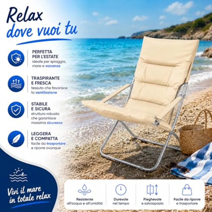 BAKAJI Klappbarer Strandstuhl, tragbar, zusammenklappbar, Gestell aus Aluminiumrohr, Bezug aus Oxford-Gewebe, für Strand, Meer, Camping, Beige – Bild 3