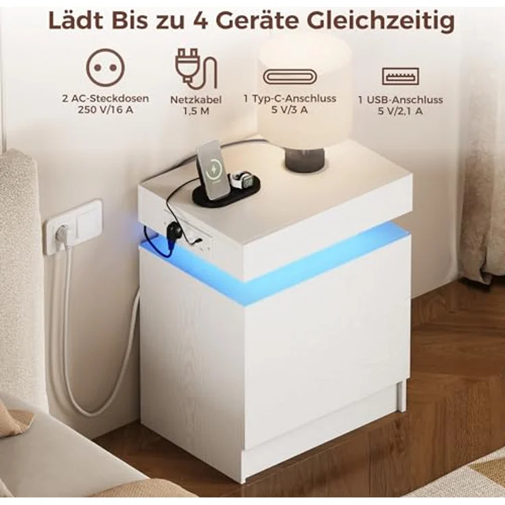IRONCK Nachttisch Weiß mit LED-Licht & Ladefunktion, Beistelltisch mit USB+Typ-C Anschlussen, Nachtschrank mit 2 Schubladen, Sofatisch für Schlafzimmer, Wohnzimmer, 35 x 48 x 60 cm – Bild 6