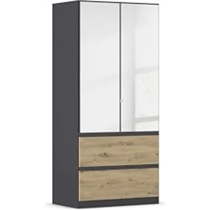 Rauch Möbel Costa, Kleiderschrank für Schlafzimmer, Kinderzimmer, Babyzimmer, Garderobe, 2-türig, Spiegel, 2 Schubladen, Push-to-Open, Zubehör Classic, Farbe Grau metallic, Schwarz, Breite 91 cm – Bild 1