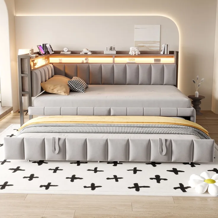 Merax Einzelbett, 90x200cm Polsterbett, Schlafsofa, mit Ausziehbett, LED-Beleuchtung und Ablagefächern am Kopf- und Fußende, Ausgestattet mit USB- und Typ-C-Anschlüssen, Samtstoff Hellgrau