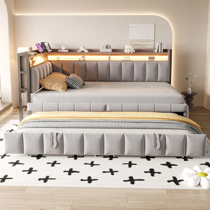 Merax Einzelbett, 90x200cm Polsterbett, Schlafsofa, mit Ausziehbett, LED-Beleuchtung und Ablagefächern am Kopf- und Fußende, Ausgestattet mit USB- und Typ-C-Anschlüssen, Samtstoff Hellgrau – Bild 1