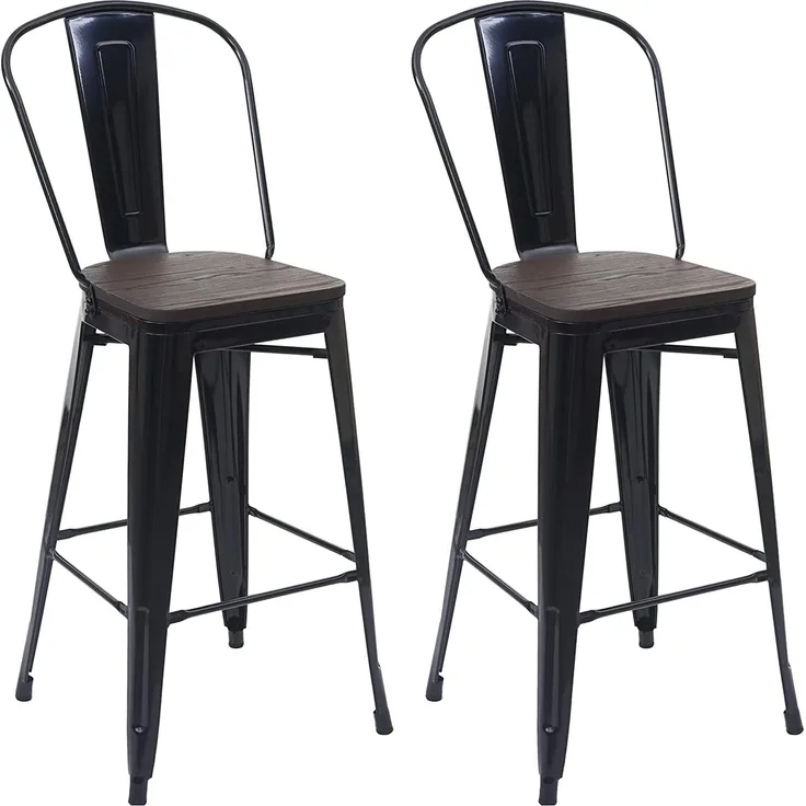 2er-Set Barhocker HWC-A73 inkl. Holz-Sitzfläche, Barstuhl Tresenhocker mit Lehne, Metall Industriedesign ~ schwarz