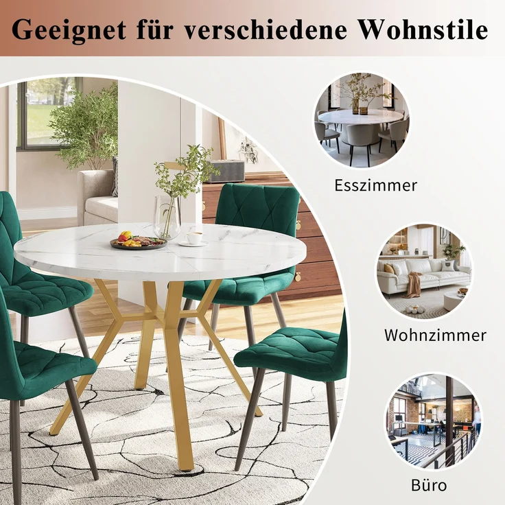 Moderner und schlichter runder Marmor-Esstisch (Durchmesser 1 m), goldener X-förmiger Couchtisch mit Metallhalterung, stabil und langlebig, ein Muss für modische Häuser – Bild 5