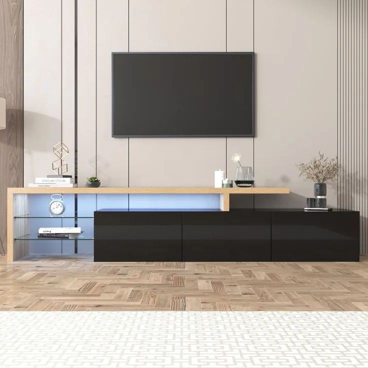 FAVSH Sideboard Wohnzimmer TV - 198 cm Moderner TV Schrank, Praktischer Stauraum, Hochglanzweiß, Holzoptik, Glasböden, TV Schrank with Led für Wohnzimmer und Esszimmer (Schwarz und Holzfarbe)