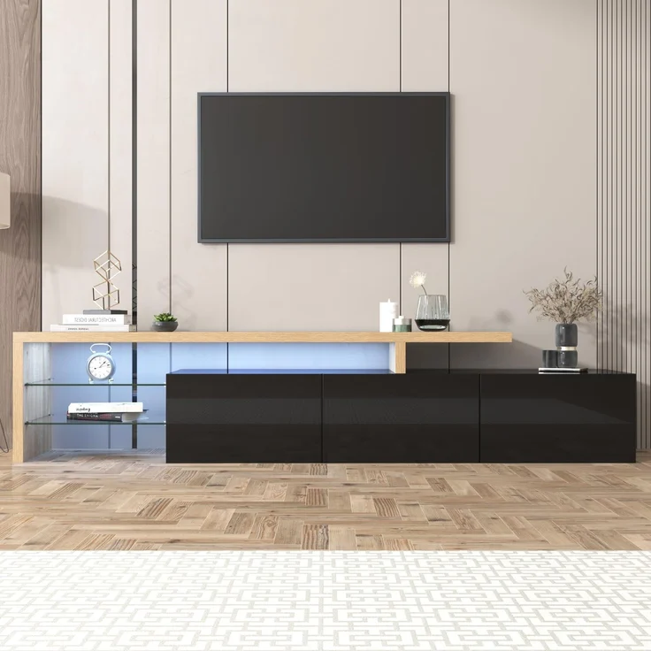 FAVSH Sideboard Wohnzimmer TV - 198 cm Moderner TV Schrank, Praktischer Stauraum, Hochglanzweiß, Holzoptik, Glasböden, TV Schrank with Led für Wohnzimmer und Esszimmer (Schwarz und Holzfarbe)
