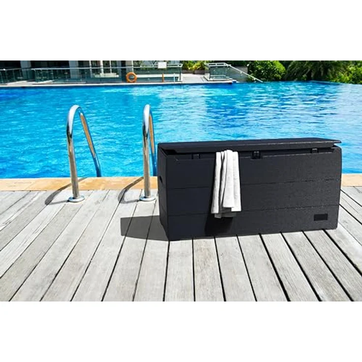 Duramax Cedargrain Durabox 270 Liter/ 71 Gallonen Kissenbox aus Kunststoff, Auflagenboxen aus Kunststoff mit Griffen, Organizer für Gartenmöbel, abschließbarer Deckel, Patio-Box, Dunkelgrau – Bild 7