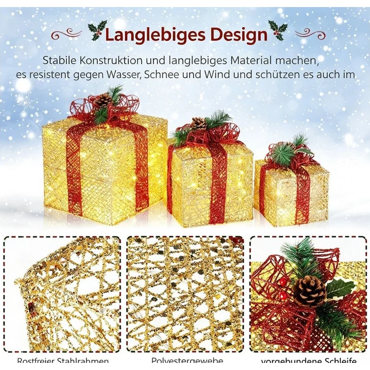 VINGLI LED Dekolicht 3er Set LED Geschenkboxen für Innen & Außen, 60 LED - Gold, mit Stecker, wetterfeste & stapelbar, warmweiß, Schleife, Gold – Bild 4