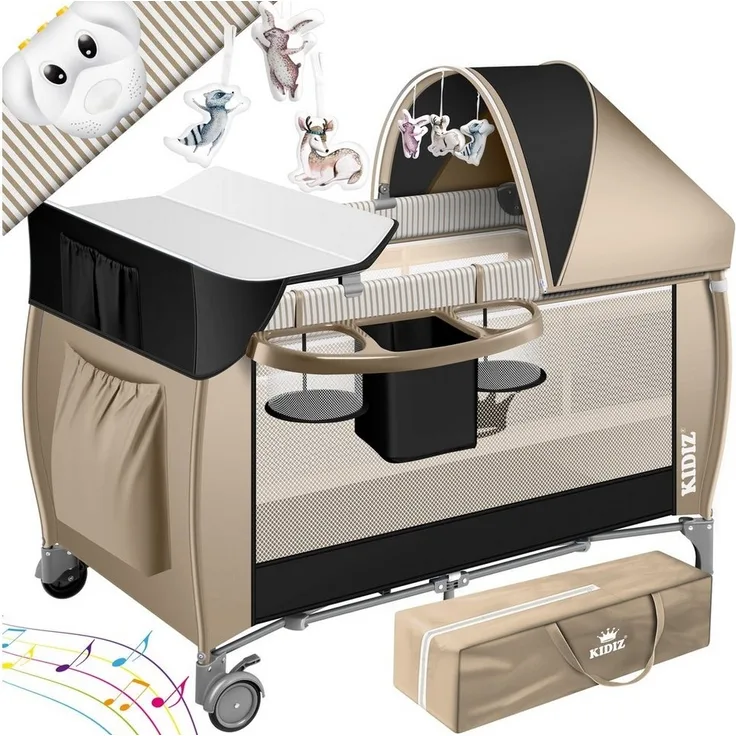KIDIZ® Babybett Reisebett Kinderreisebett Faltbar mit Matratze 120x60, Seiteneingang, Wickelauflage, Mosktionetz, Spielbogen & Tragetasche Baby Beistellbett Kinderbett ab Geburt bis 15 kg Schwarz / Beige