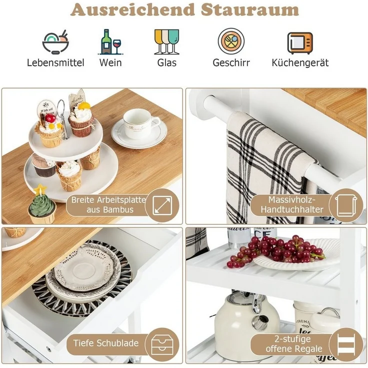 COSTWAY Küchenwagen, mit Schublade, 2 offenen Regalen, Schiebegriff, bis 61kg – Bild 3