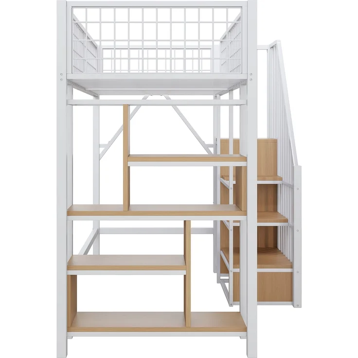 Bett 90x200 cm Hochbett mit Stauraumtreppe – platzsparendes Weißes Metall-Holz-Design – Bild 9