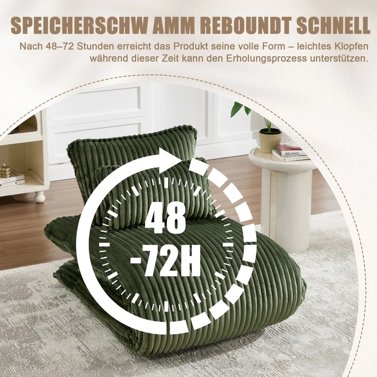 LVHOM Schlafsessel mit Bettfunktion, 227 cm Klappsessel Bodensessel mit Stahlrahmen, klappbarer Relaxsessel inkl. 2 Kissen, bis 150 kg belastbar, Cord Grün – Bild 7