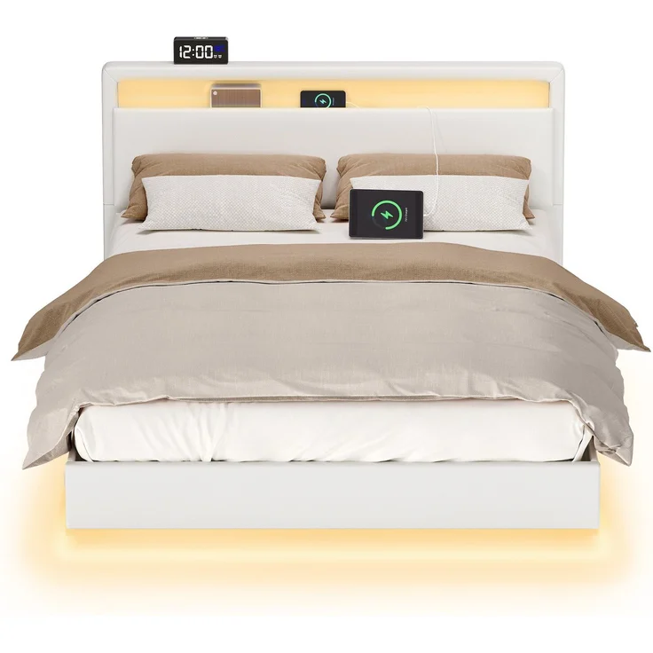 VASAGLE Bettgestell, Doppelbettgestell, 147 x 213 cm, schwebender visueller Effekt, Bett mit LED-Beleuchtung, hohem Kopfteil, Ladestation, modern, wolkenweiß – Bild 3