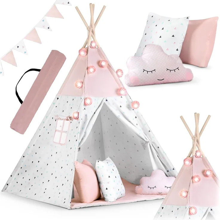 Nukido Kindertipi-Zelt mit Girlande und Lichtern - rosa