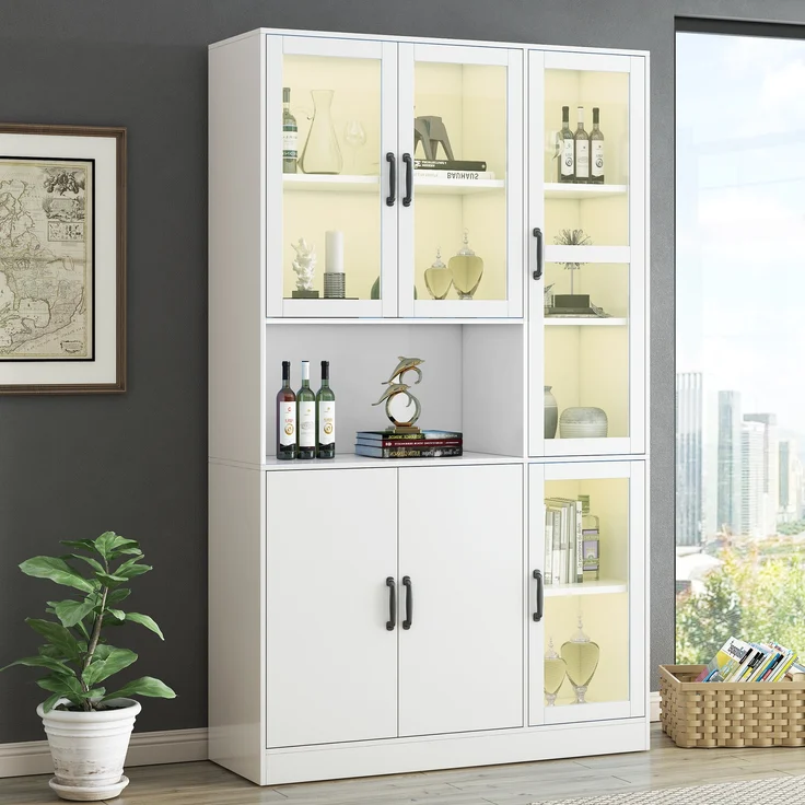 Bücherregal-Vitrine, mit LED-Licht, 4 Acryl- & 2 Holztüren, 9 Fächer, 120x40x200 cm, Weiß – Bild 3