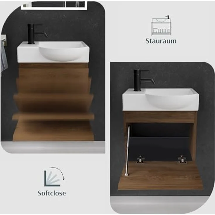 Alpenberger Badmöbel-Set - Gäste WC Waschbecken mit Unterschrank 45 cm Breit, (Badschrank 2-tlg, Waschtisch hängend), Waschbeckenunterschrank mit Softclose - Farbe Eiche - Rechts Becken – Bild 5
