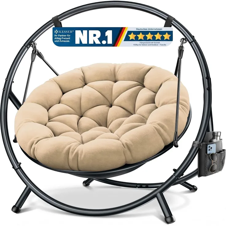 KESSER® Hängesessel mit Gestell BALI Hängeschaukel Hängestuhl bis 150kg für Indoor und Outdoor + Kissen & Seitentasche Hängekorb Stahlgestell & Schaumstoff Sitzpolster ideal für Wohnzimmer & Garten Beige
