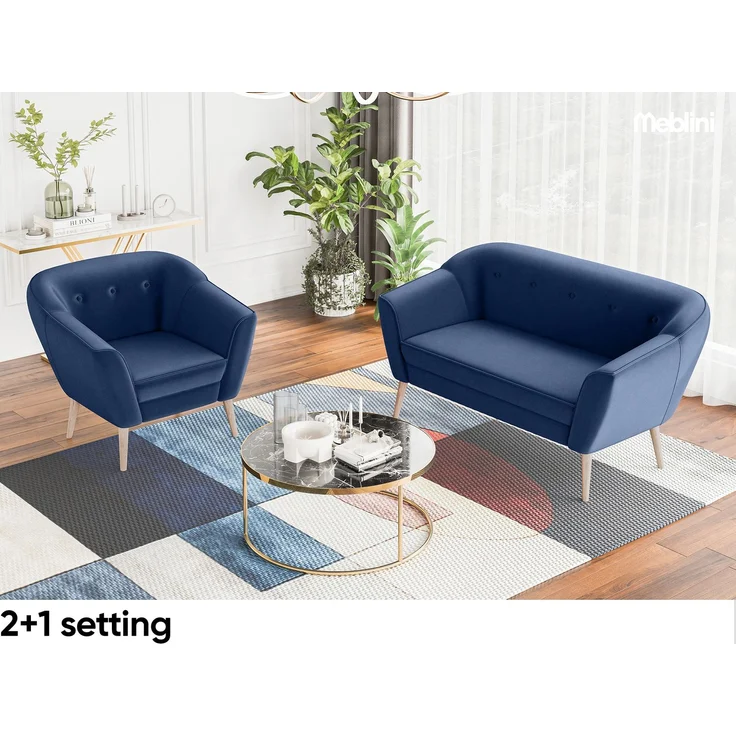 MEBLINI Mini Sofa Set 2-1-1 für Wohnzimmer - Mini Lounge für vier Personen - Küchensofa - Sofa Klein - Sitzgarnitur - Polstergarnitur - Sofagarnituren - DORIS - 2+1+1 - Blau Samt – Bild 6