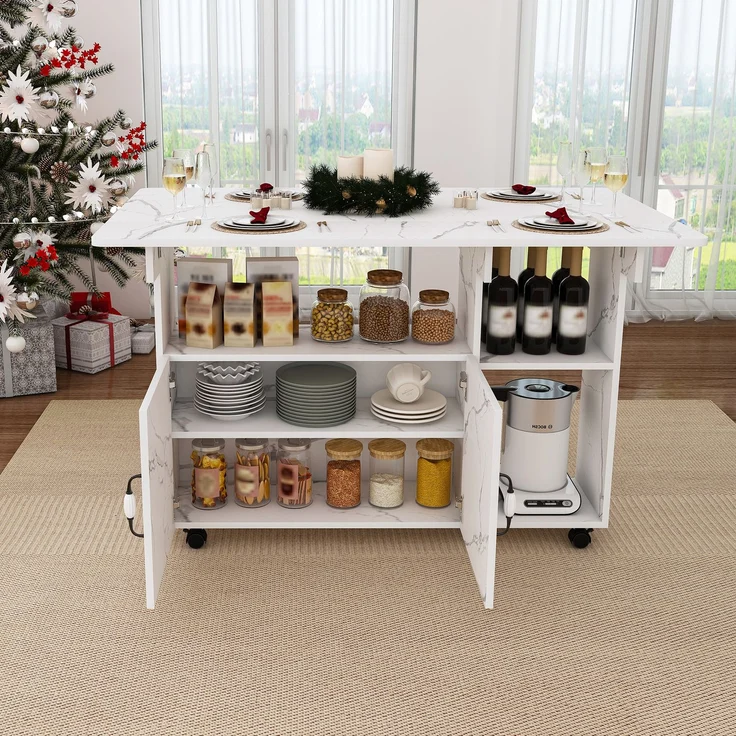 Flieks Mobile Kücheninsel 110x70x80 cm, klappbarer Küchentisch mit Rollen, Ablageböden & Stauraum, Esstisch und Sideboard, Weißes Marmormuster – Bild 4