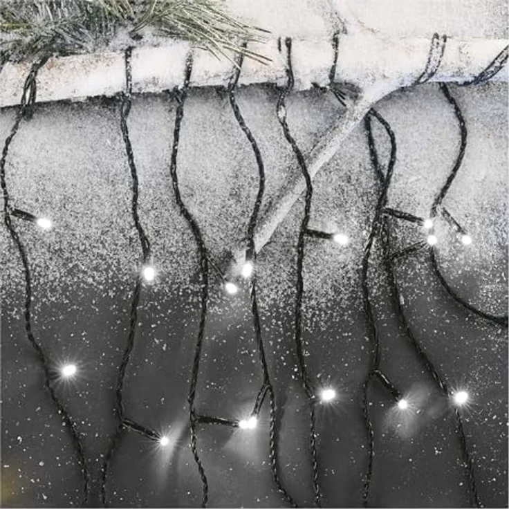 EMOS LED-Eisregen Lichterkette, 10m Weihnachtslichterkette + 5m Zuleitung, 600 LEDs, 8 Lichtmodi, Netzteil mit Timer 6h/18h, IP44 für Innen und Außen, Kaltweiß – Bild 5