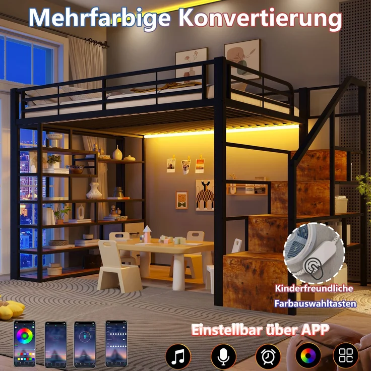 EINHOM Hochbett, 140 x 200 cm, Eisenrahmen, Ablagefach, Integrierte Stufen, Schutzgeländer, Leiter, mit LED-Lichtleiste, Offener Stauraum unter dem Bett, Schwarz (Ohne Matratze) – Bild 4