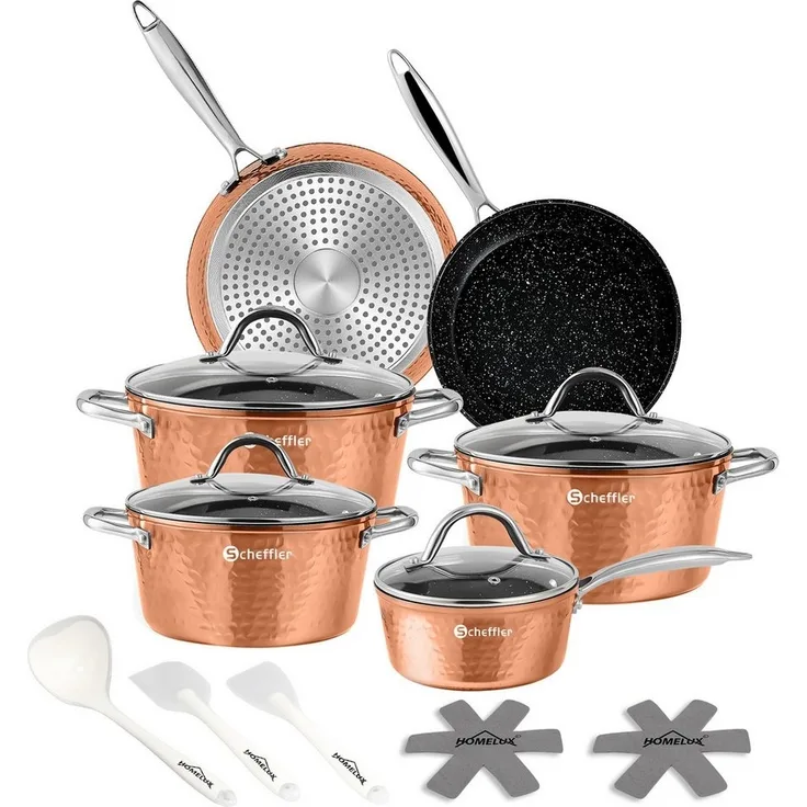 Scheffler Topf-Set 15 tlg Topfset Induktion, Antihaftbeschichtung Töpfe mit Glasdeckel, Aluminium (Set, 24/28 cm Pfannen + 20/24/28 cm Kochtöpfe + 16cm Kasserolle), Induktion