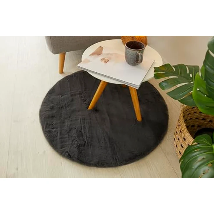 -LUXOR- living Teppich Coste gemütlicher Hochflor Kunstfell Teppich Fellimitat in Schaffelloptik 120 cm rund anthrazit – Bild 5