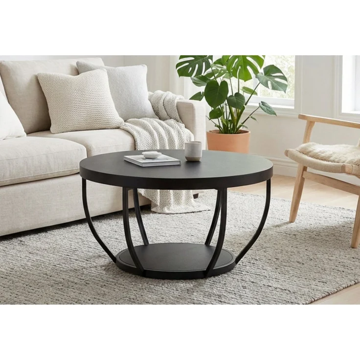 Home Collective Couchtisch Beistelltisch rund Ø 80 cm moderner Wohnzimmertisch mit 2 Ablagen (ideal als Büro Ablagetisch oder als Wohnzimmer Deko), hochwertiges Design mit Metallgestell, stabile Tischplatte, schwarz – Bild 5