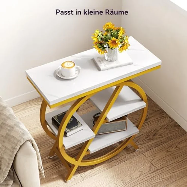LITTLE TREE Beistelltisch, 4-stöckiger schmaler Beistelltisch aus Kunstmarmor mit großem Stauraum, moderner Nachttisch und Nachttisch für Wohnzimmer, Homeoffice, Schlafzimmer, Weiß und Gold – Bild 9