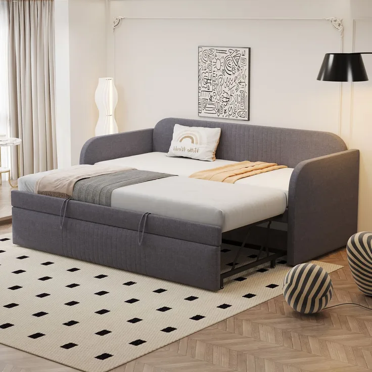 Verlängerbares Schlafsofa 90/180x190 cm mit Leinenbezug, hydraulischem Auszug, Lattenrost, vielseitigem Design,Grau