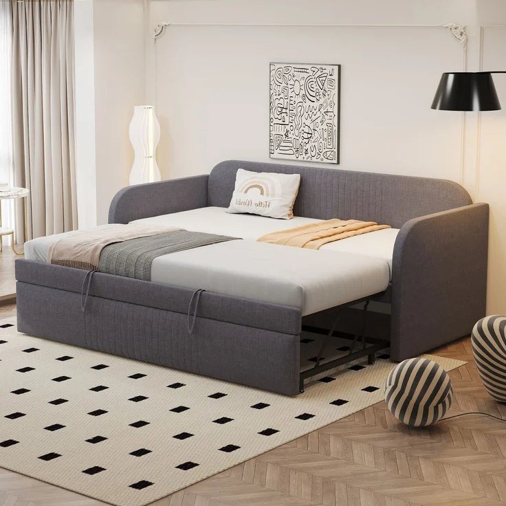Verlängerbares Schlafsofa 90/180x190 cm mit Leinenbezug, hydraulischem Auszug, Lattenrost, vielseitigem Design,Grau – Bild 1